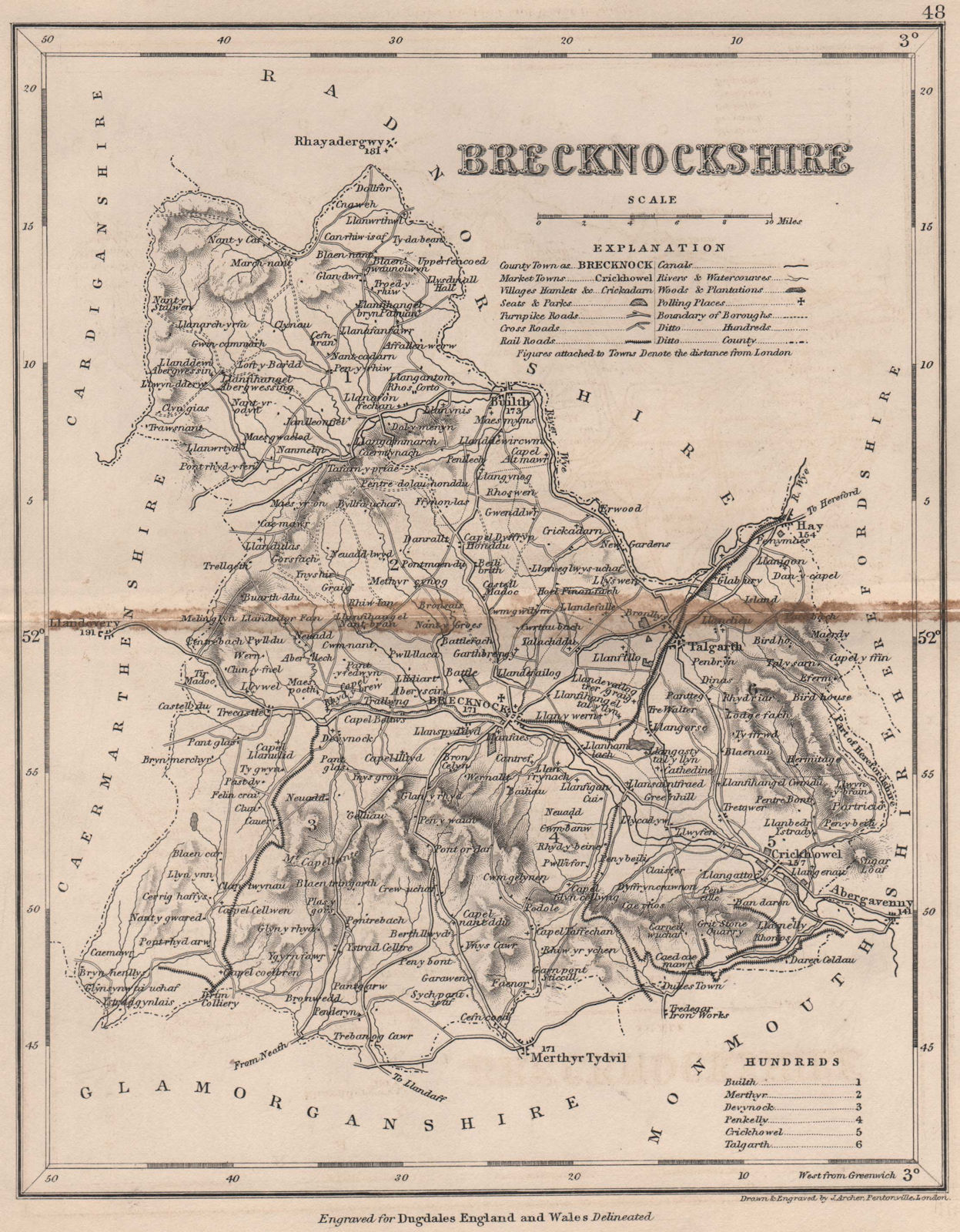Associate Product BRECKNOCKSHIRE county map. DUGDALE/ARCHER. Breconshire. Seats canals 1845