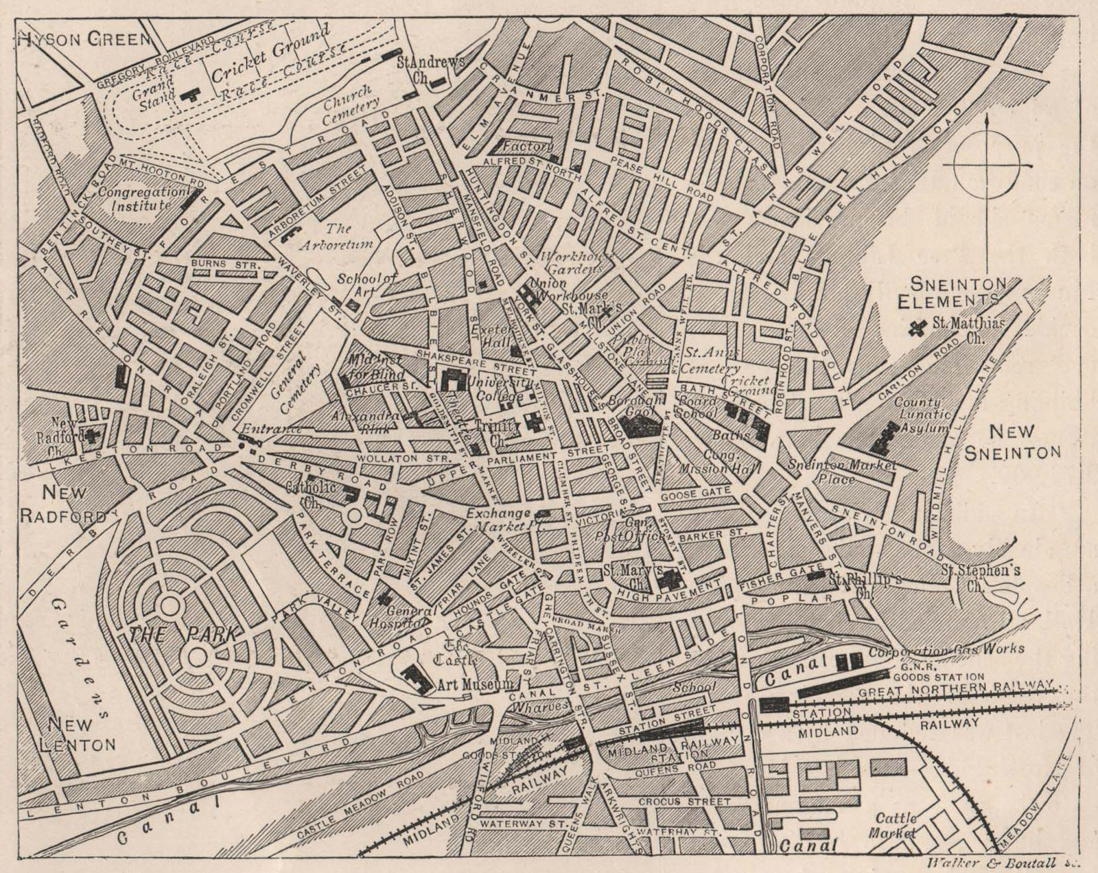 Map of Nottingham, Nottinghamshire 1898 old antique vintage plan chart