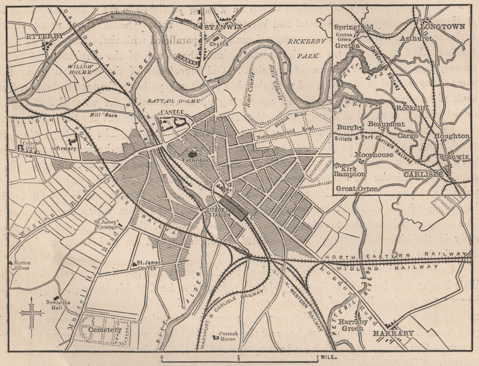 Map of Carlisle; Inset Longtown, Cumbria 1898 old antique plan chart