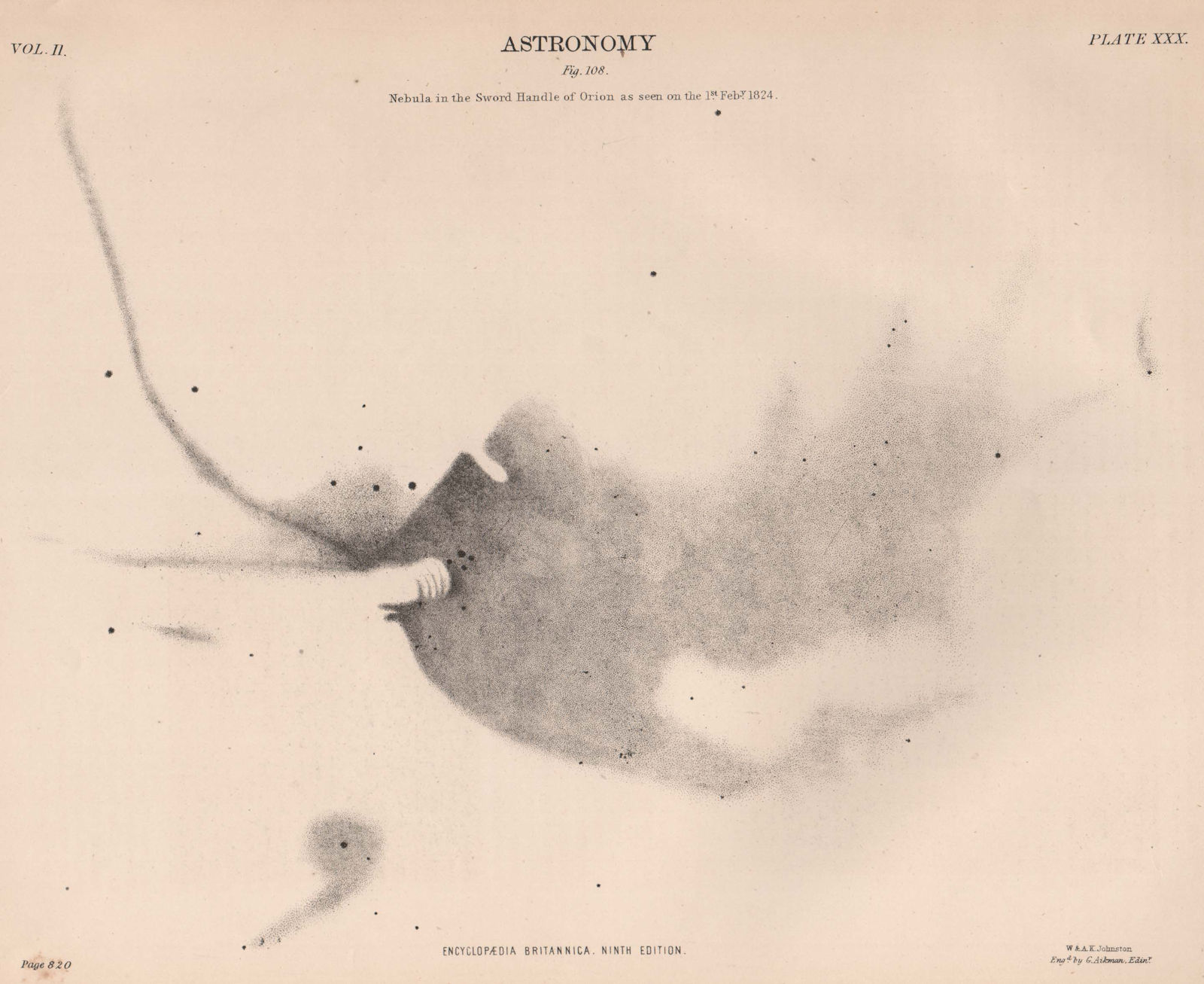 ASTRONOMY. Nebula in the Sword Handle of Orion, 1st. Feb 1824 1898 old print