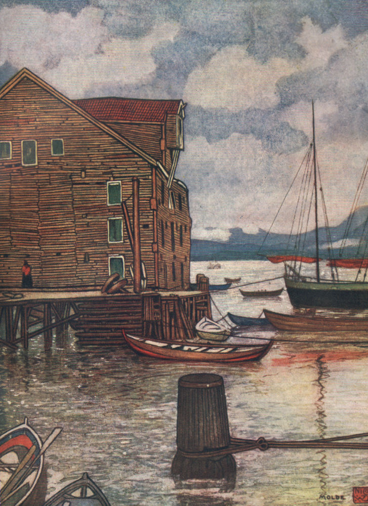 Associate Product MOLDE. 'Old warehouse and boats' by Nico Jungman. Norway 1905 print