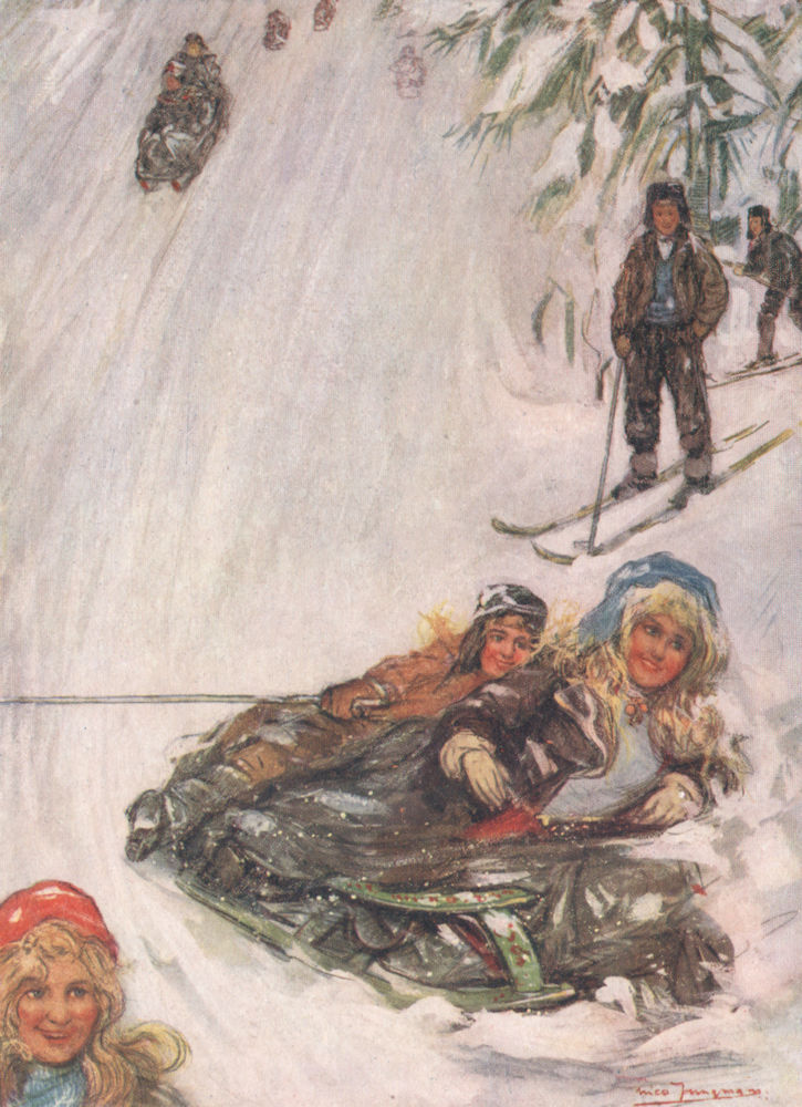 Associate Product HOLMENKOLLEN. Girls on sledge by Nico Jungman. Norway 1905 old antique print