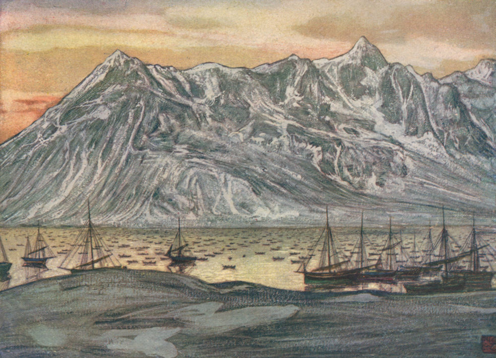 'Fishing boats at Lofoten' by Nico Jungman. Norway 1905 old antique print