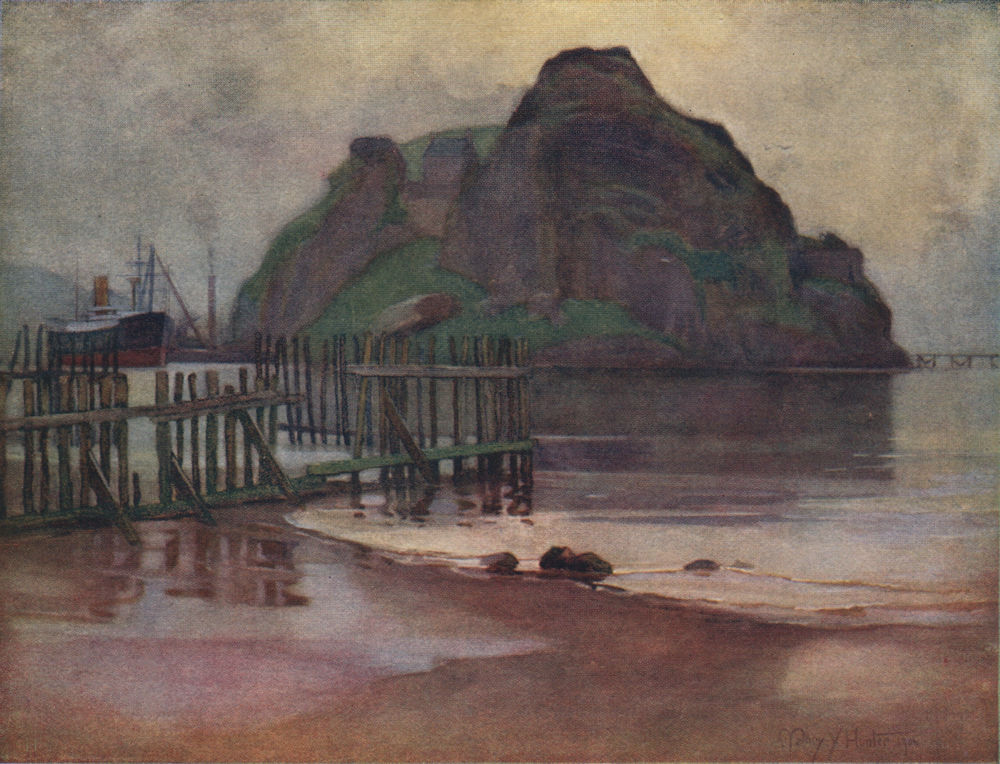 'Low tide at daybreak, Dumbarton Rock' by Mary/Mary Young-Hunter. Scotland 1907