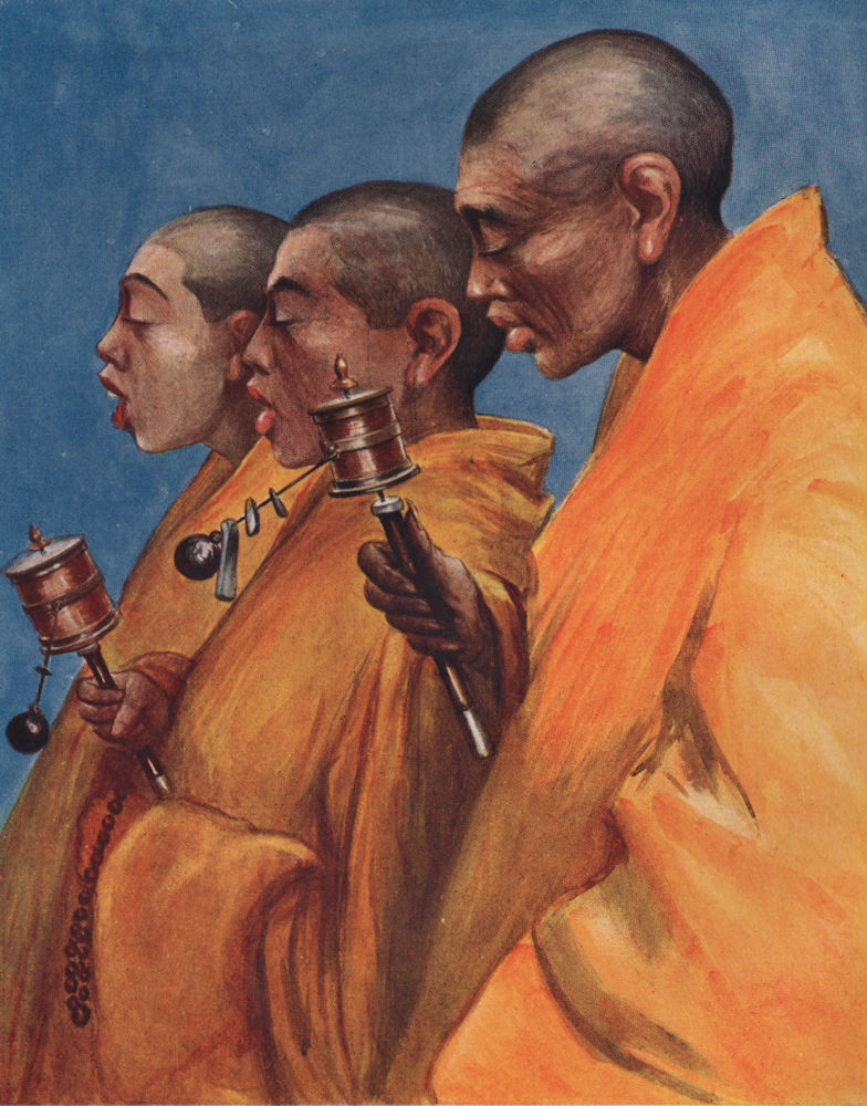 Associate Product 'Yellow Lamas with prayer wheels' by Arnold Henry Savage Landor. Tibet 1905