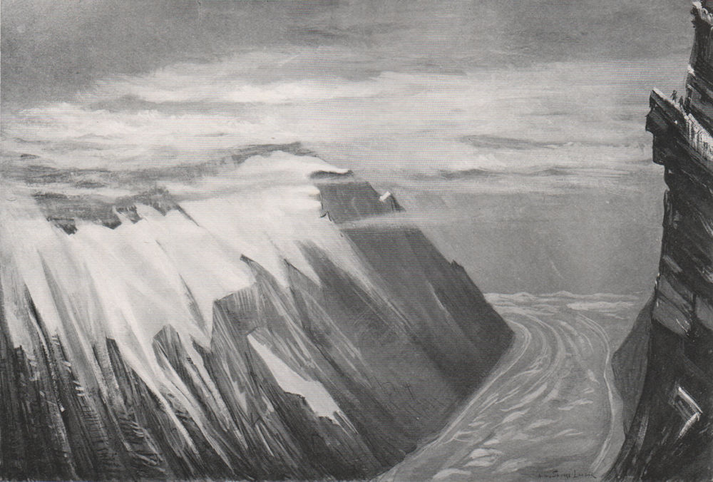 Moraine of glacier; Mountains in clouds;. Arnold Henry Savage Landor. Nepal 1905