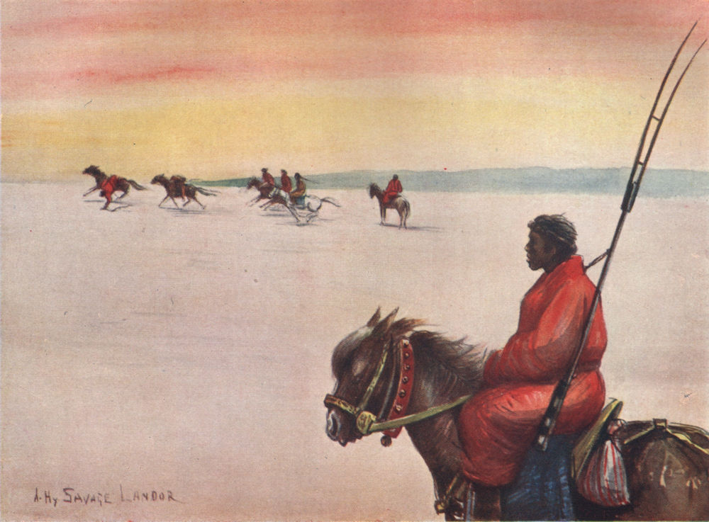 Associate Product 'A race for the Kata' by Arnold Henry Savage Landor. Tibet 1905 print