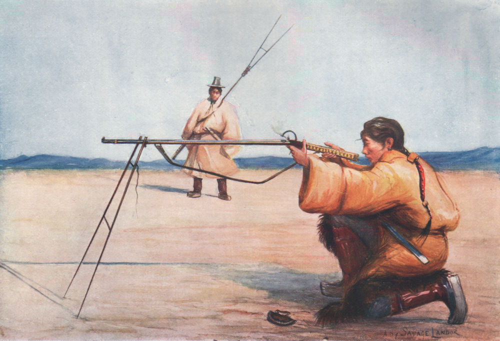 Associate Product 'Tibetan soldier at target practice' by Arnold Henry Savage Landor. Tibet 1905
