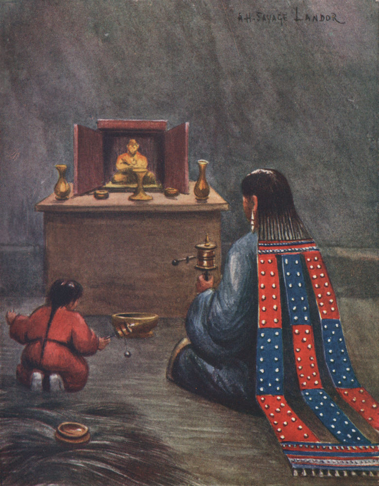 Associate Product Woman and child praying before a shrine. Arnold Henry Savage Landor. Tibet 1905