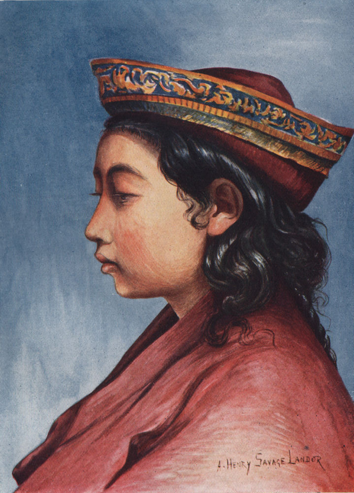 Associate Product Tibetan boy in his gold-embroidered hat. Arnold Henry Savage Landor. Tibet 1905