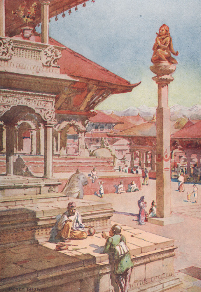 'A corner of the Durbar Square, Patan, Nepal' by Percy Brown. Nepal 1913 print