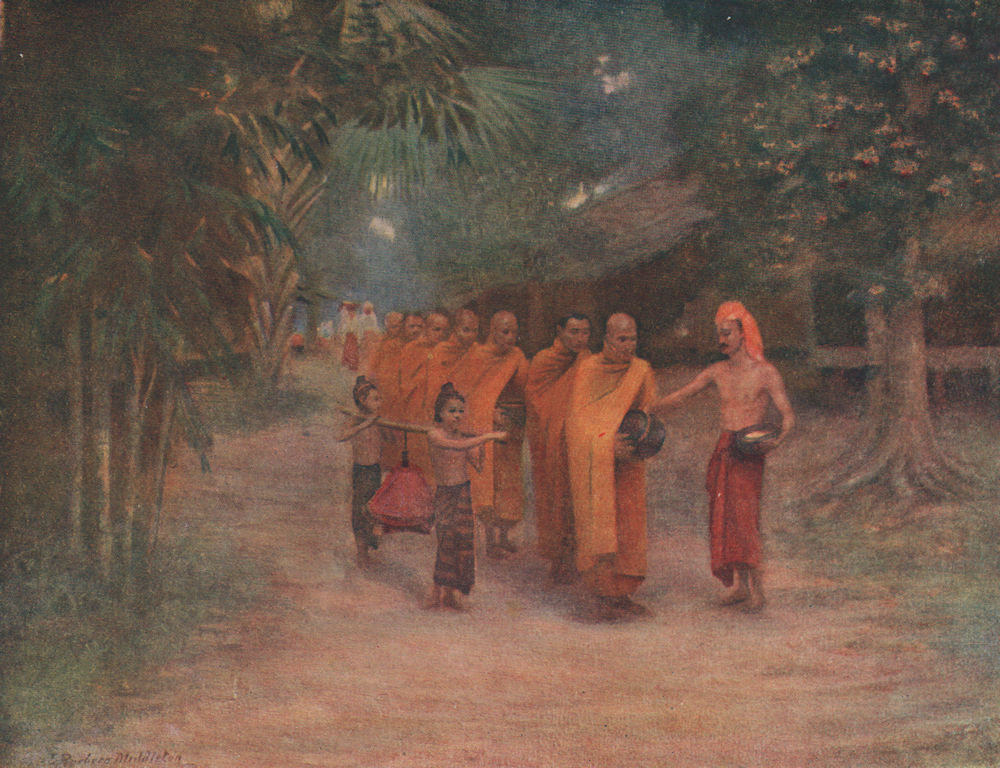 Associate Product 'Burmese monks begging in a village' by J. Raeburn Middleton. India 1913 print