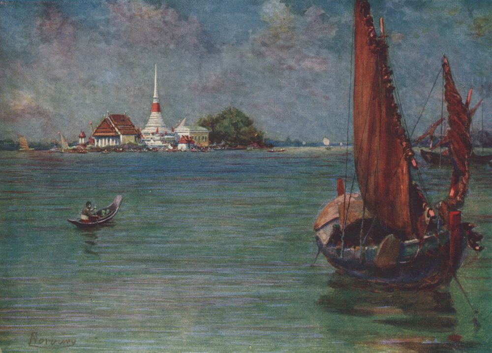 'Fishing boat off the Island Pagoda of Paknam' by Edwin Norbury. Thailand 1913