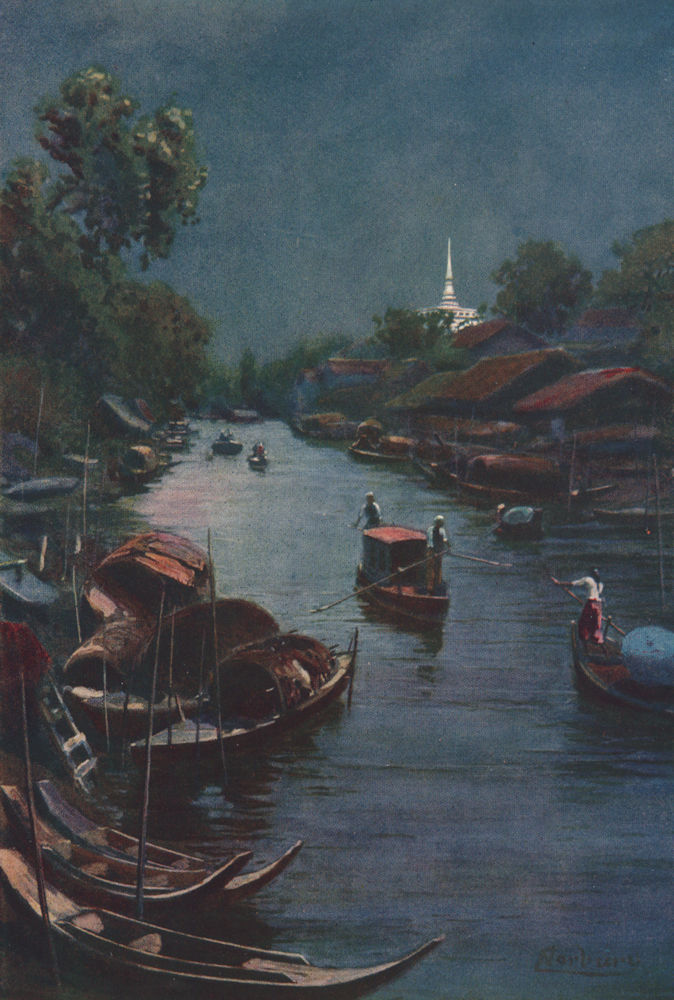 'A typical canal scene, Bangkok' by Edwin Arthur Norbury. Thailand 1913 print