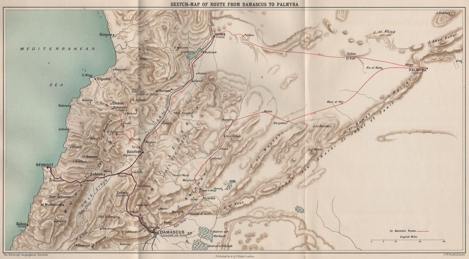 Associate Product John Kelman's route from Damascus to Palmyra & Beirut. Lebanon/Syria 1908 map