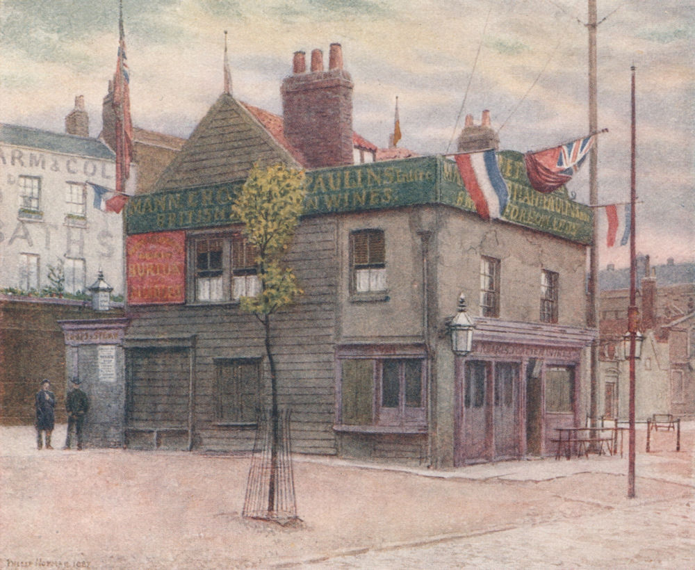 Vine Tavern, Mile End, looking east, 1887 by Philip Norman. Vanished London 1905