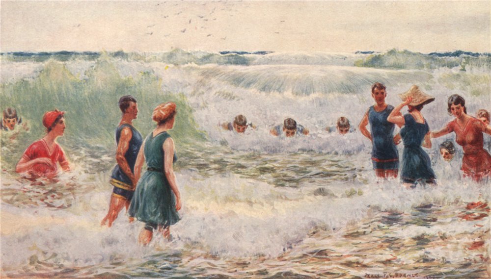 Associate Product 'Surf -Bathing - Shooting the breakers' by Percy Spence. Australia 1910 print