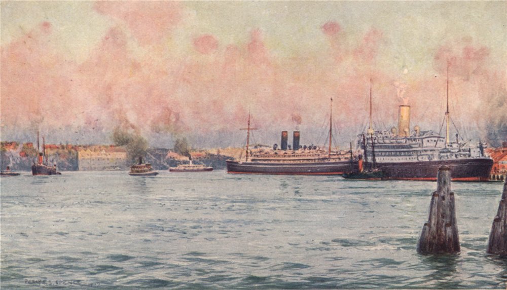 'British mail steamers at Circular Quay' by Percy Spence. Australia 1910 print