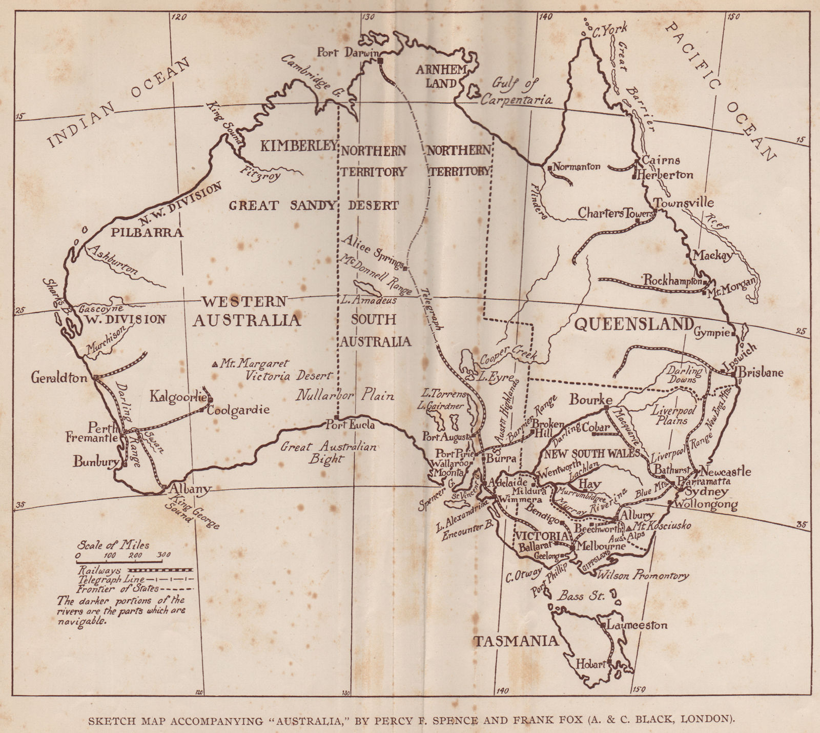 Associate Product AUSTRALIA showing railways, telegraph lines & navigable rivers 1910 old map
