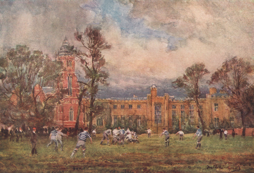 'Rugby school' by Frederick Whitehead. Warwickshire 1906 old antique print