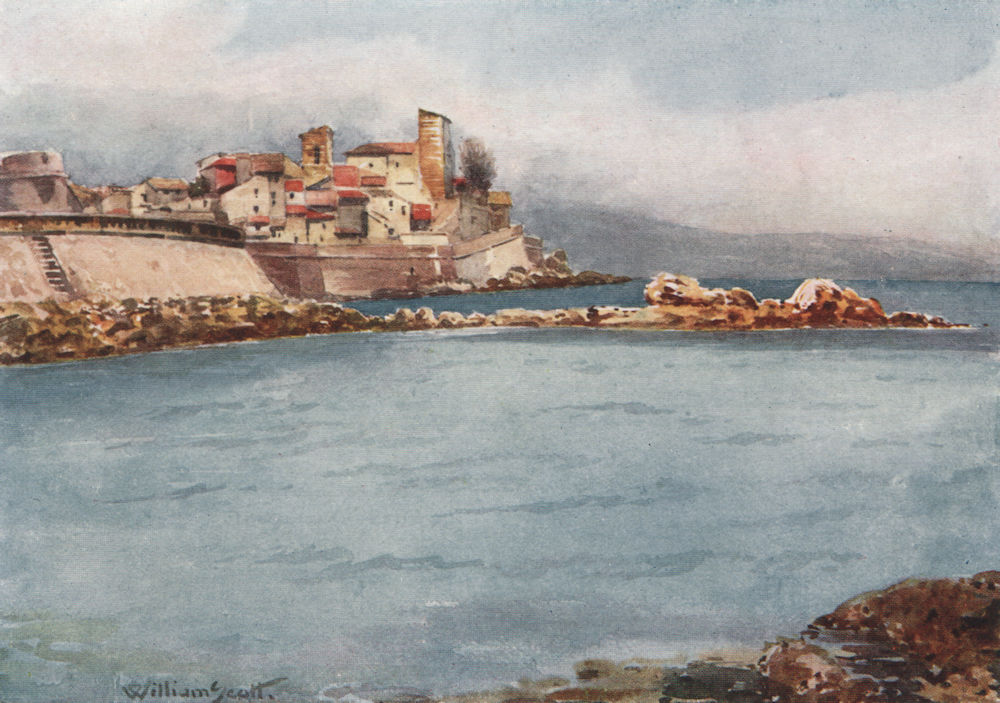 'Antibes from the West' by William Scott. Alpes-Maritimes 1907 old print