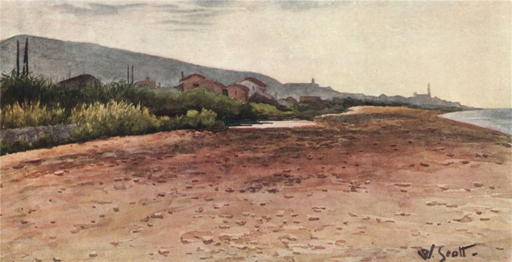 'On the shore, Bordighera - early morning' by William Scott. Italy 1907 print