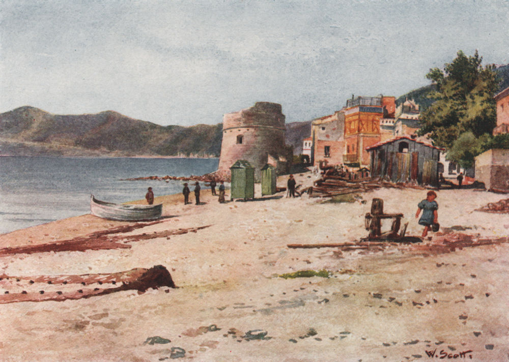 'On the shore, Alassio' by William Scott. Italy 1907 old antique print picture