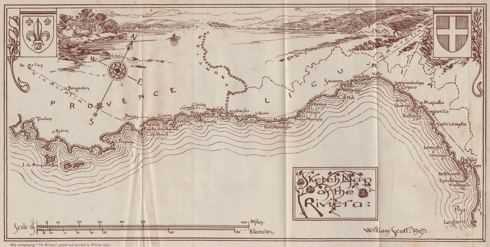 Sketch map of the French & Italian Riviera. Toulon - Livorno. Côte d'Azur 1907