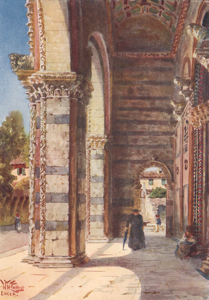 'The Porch of the Cathedral Lucca' by William Wiehe Collins. Italy 1911 print