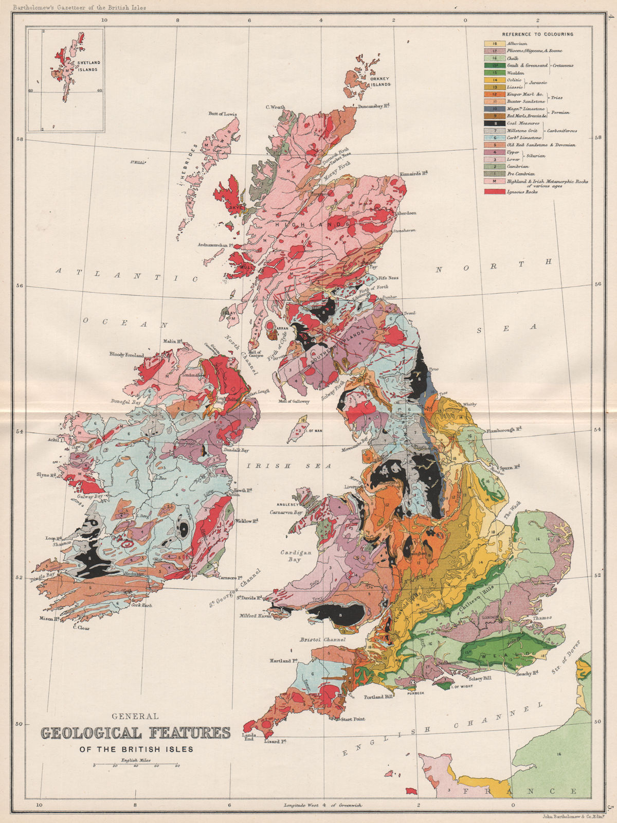 BRITISH ISLES GEOLOGY. General Geological features. BARTHOLOMEW 1904 old map