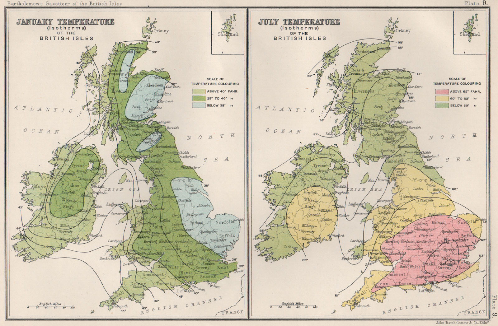 Associate Product BRITISH ISLES ISOTHERMS. January & July temperature. BARTHOLOMEW 1904 old map
