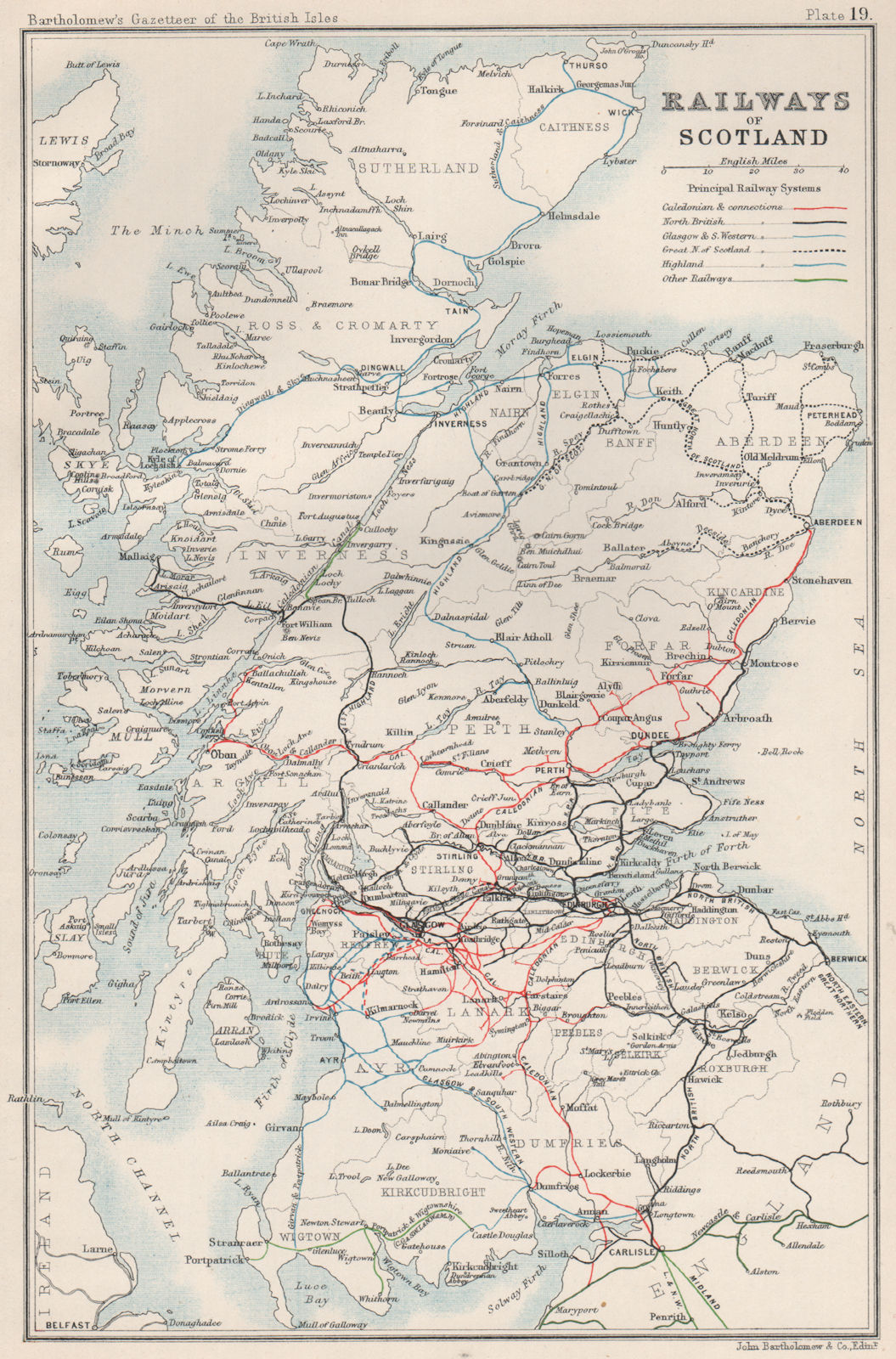 SCOTLAND RAILWAYS Caledonian North British Highland Glasgow S/Western 1904 map