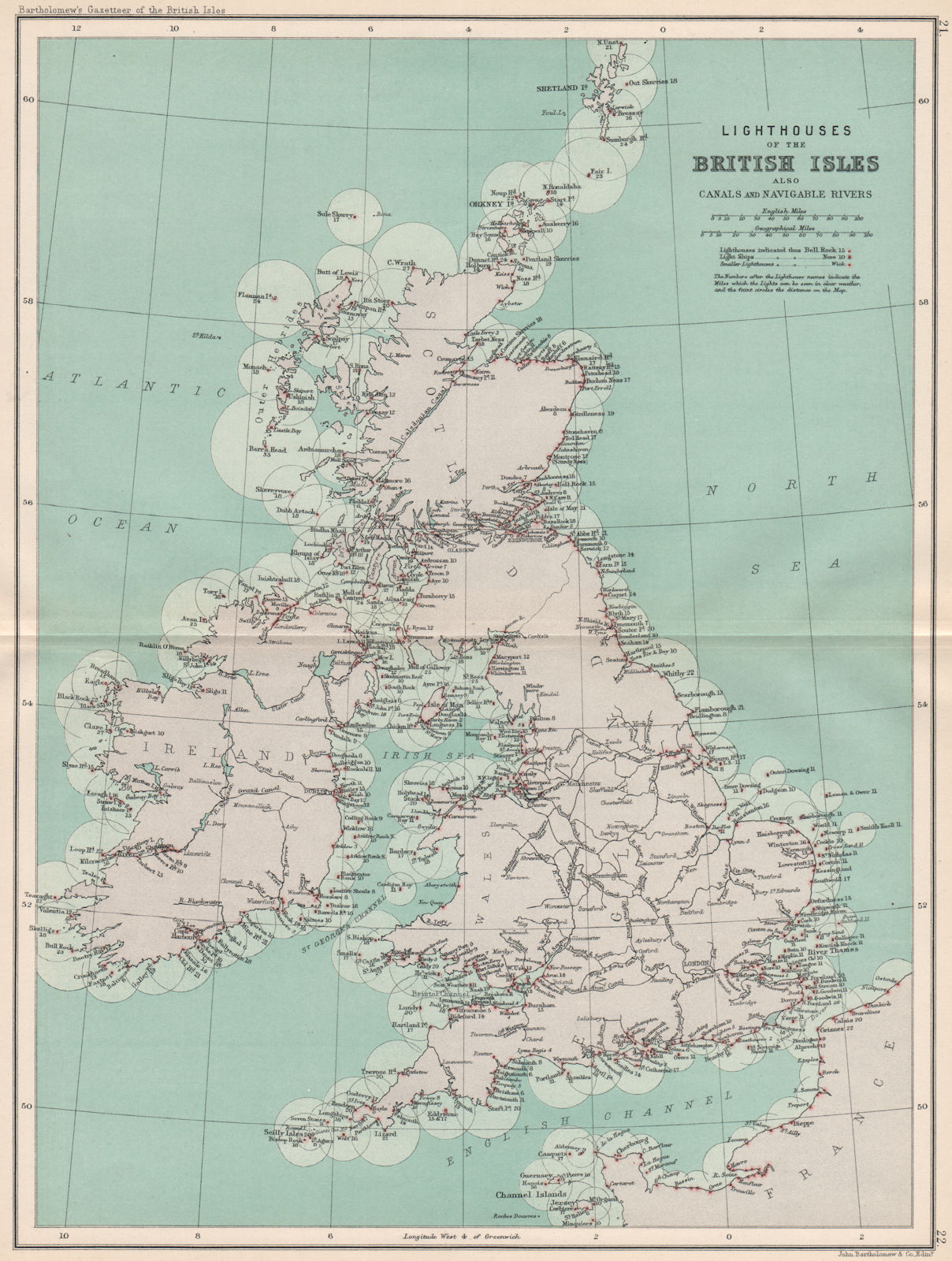 BRITISH ISLES lighthouses, canals & navigable rivers. BARTHOLOMEW 1904 old map