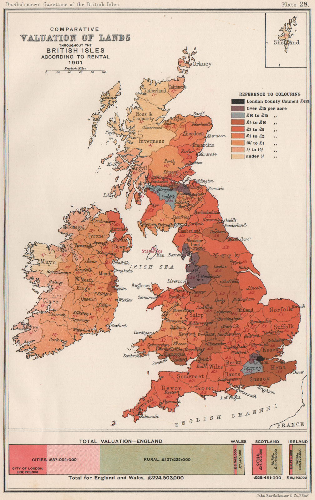 BRITISH ISLES. Comparative land valuation. Rental values. BARTHOLOMEW 1904 map