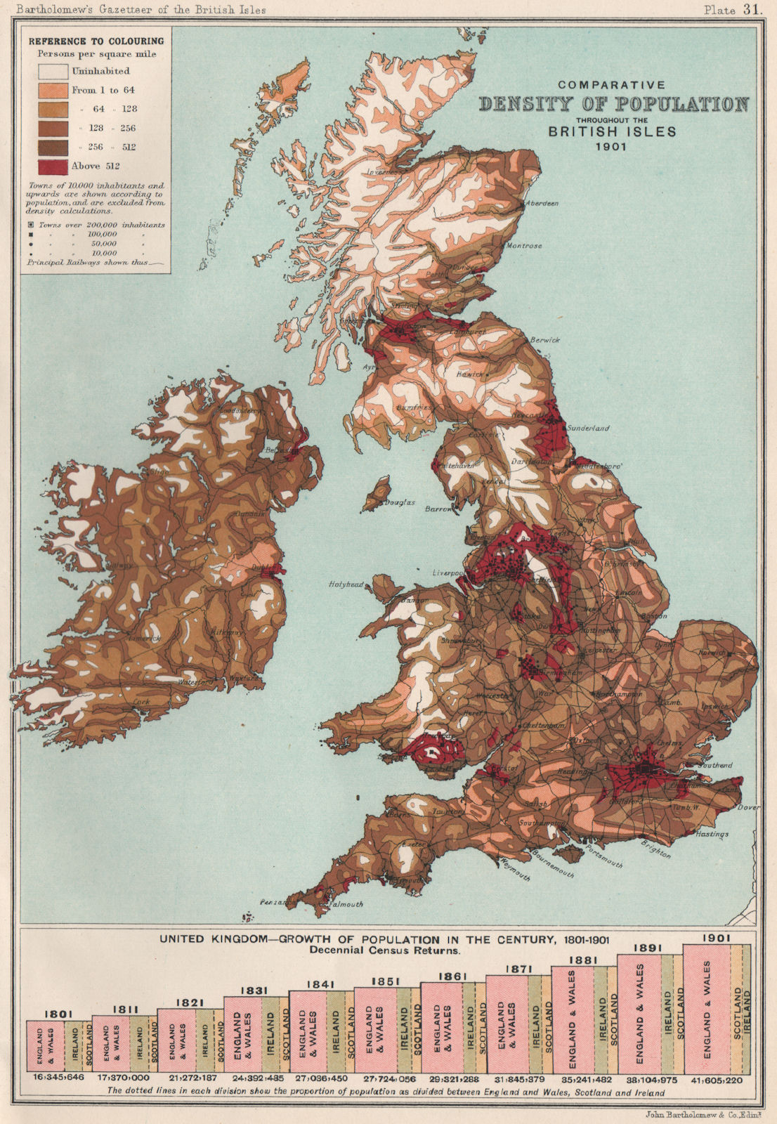 Associate Product BRITISH ISLES. Population density in 1901. BARTHOLOMEW 1904 old antique map