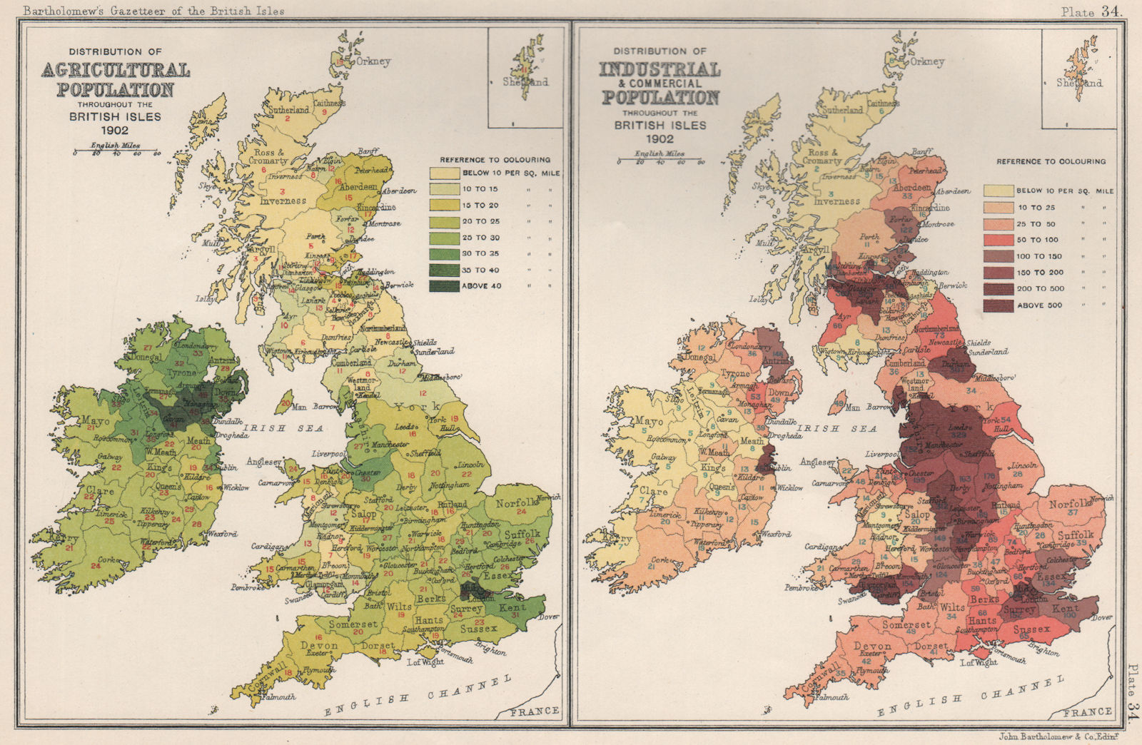 BRITISH ISLES. Agricultural, industrial & commercial population 1904 old map