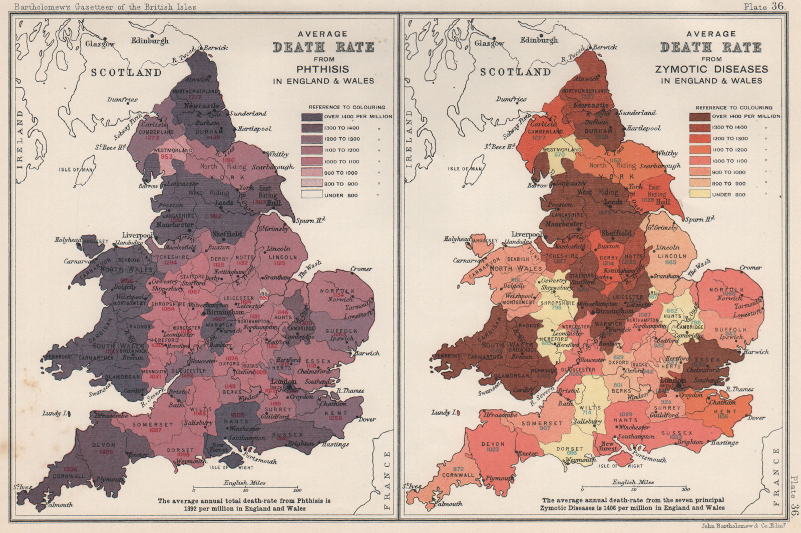 Associate Product ENGLAND & WALES Phthisis (TB)/Zymotic (infectious) diseases death rate 1904 map