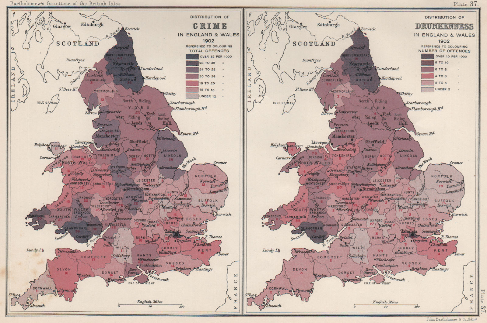 Associate Product England & Wales. CRIME & DRUNKENNESS, 1902. BARTHOLOMEW 1904 old antique map