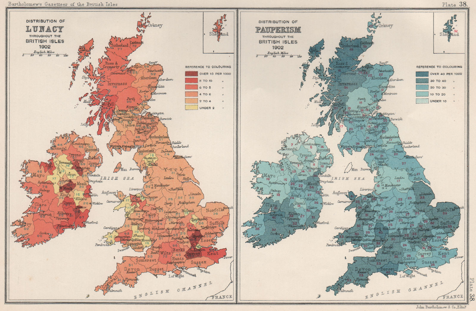 BRITISH ISLES. Distribution of lunacy/insanity & poverty. BARTHOLOMEW 1904 map