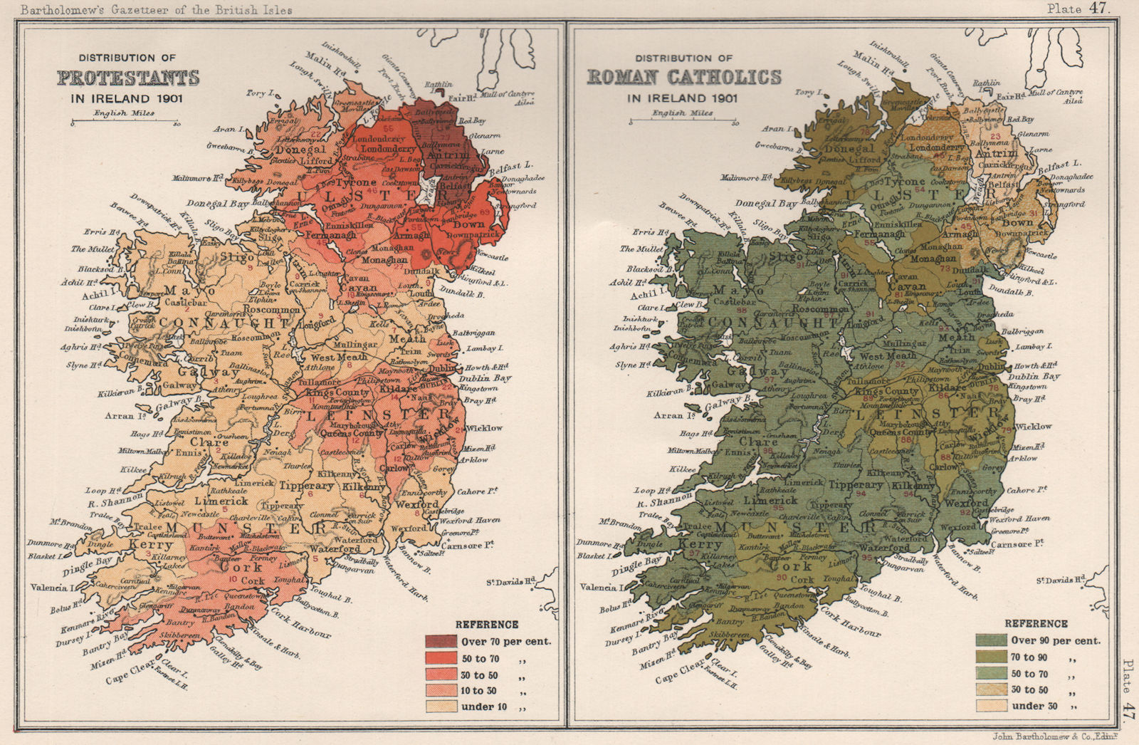 IRELAND SECTARIAN. Protestants & Roman Catholics distribution in 1901 1904 map