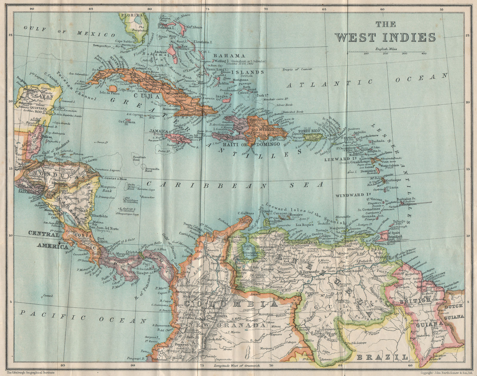 Associate Product WEST INDIES & CARIBBEAN. Venezuela Central America Cuba Hispaniola &c 1927 map