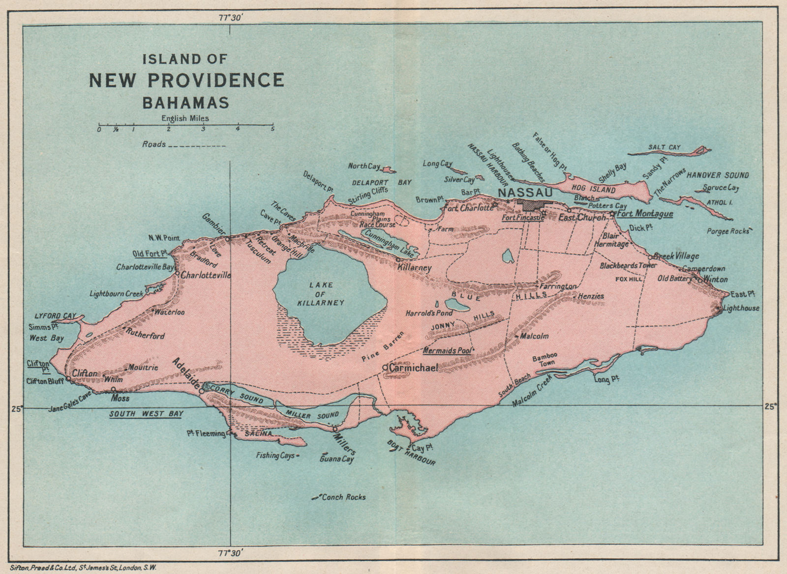Associate Product NEW PROVIDENCE. Vintage map. Bahamas. Caribbean 1927 old vintage chart