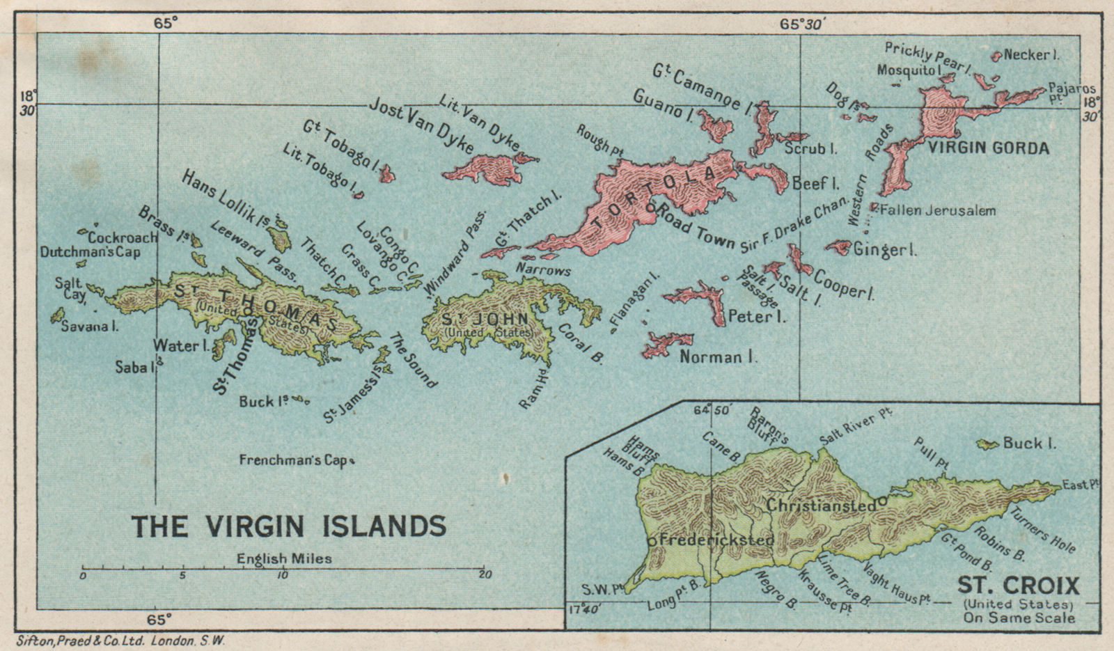 Associate Product BRITISH/US VIRGIN ISLANDS Tortola Virgin Gorda St Croix St Thomas/John 1927 map