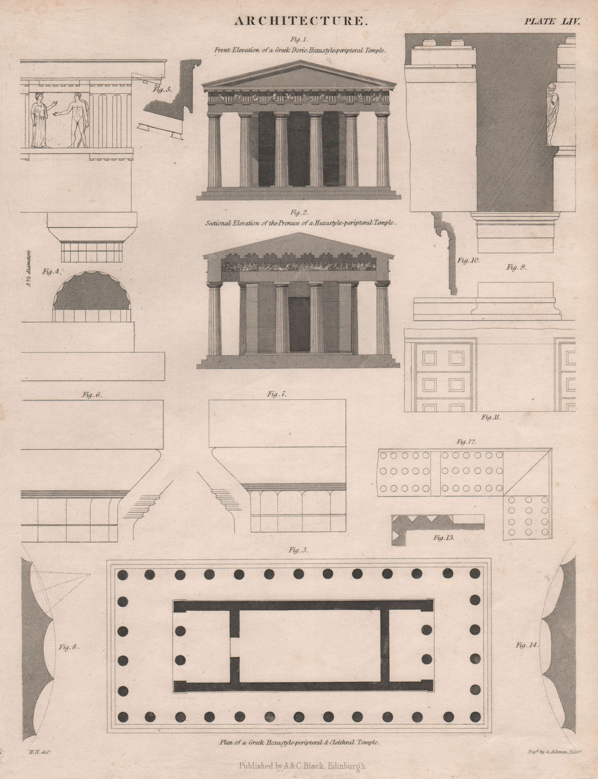 Associate Product Greek Doric Hexa style-Peripteral Temple. Front section plan. Cleithral 1860