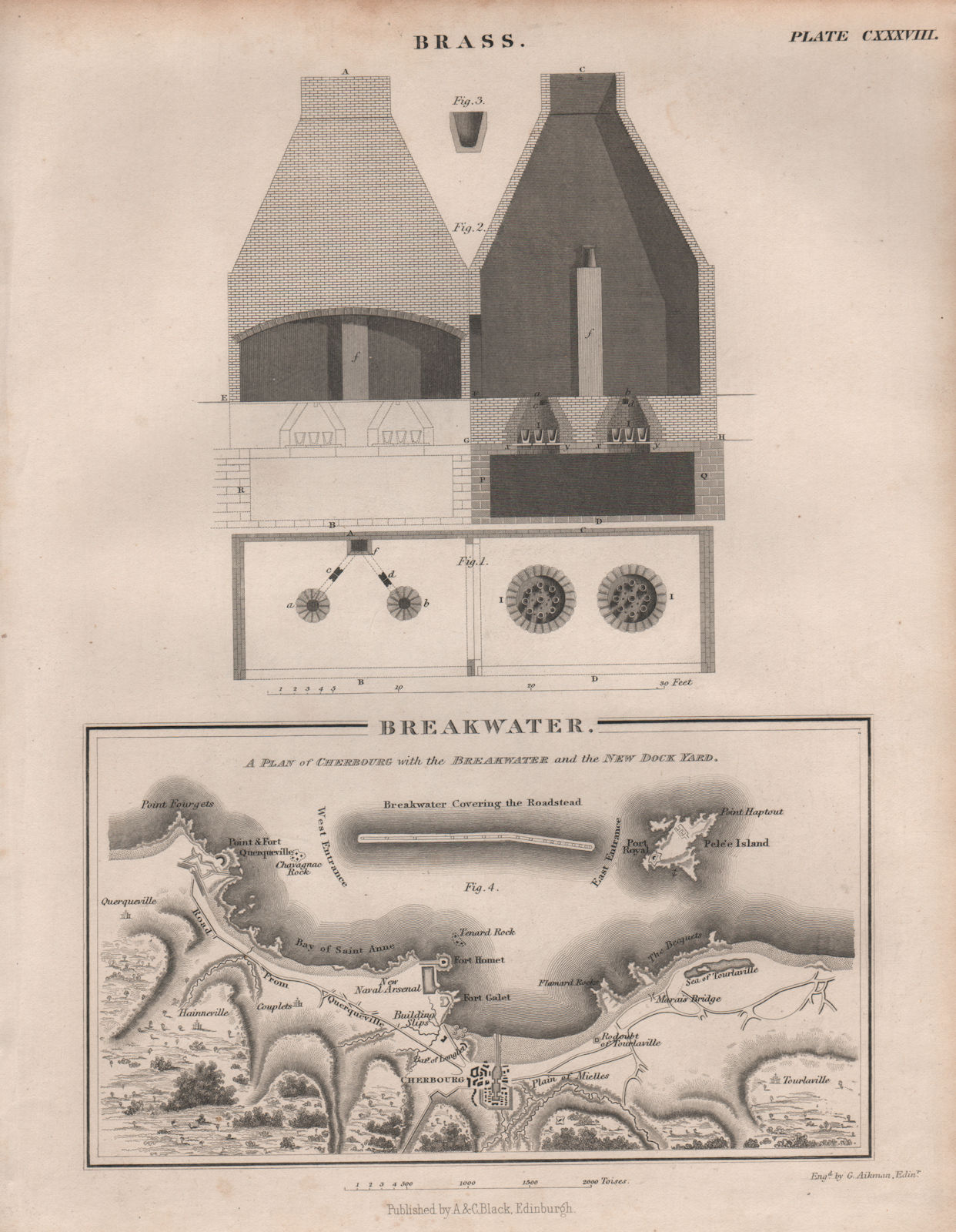 CHERBOURG dockyard plan & breakwater. Brass foundry. BRITANNICA 1860 old print
