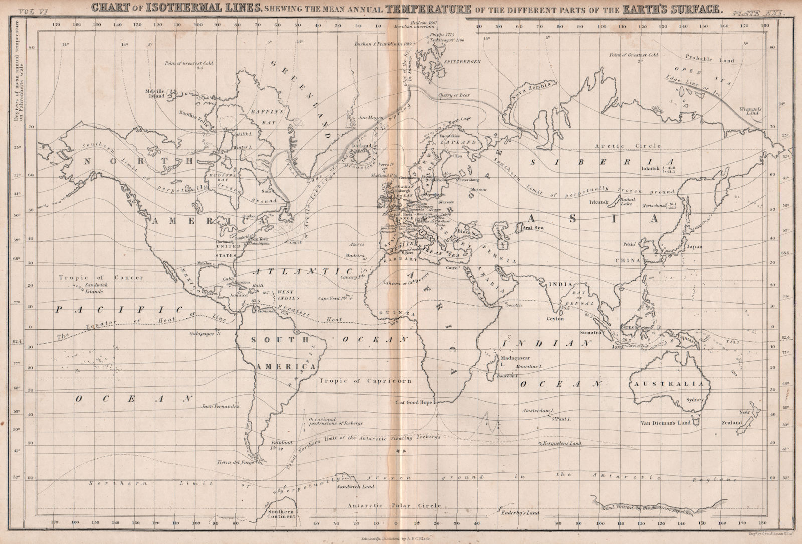 WORLD. Isothermal lines of equal mean annual temperature. BRITANNICA 1860 map