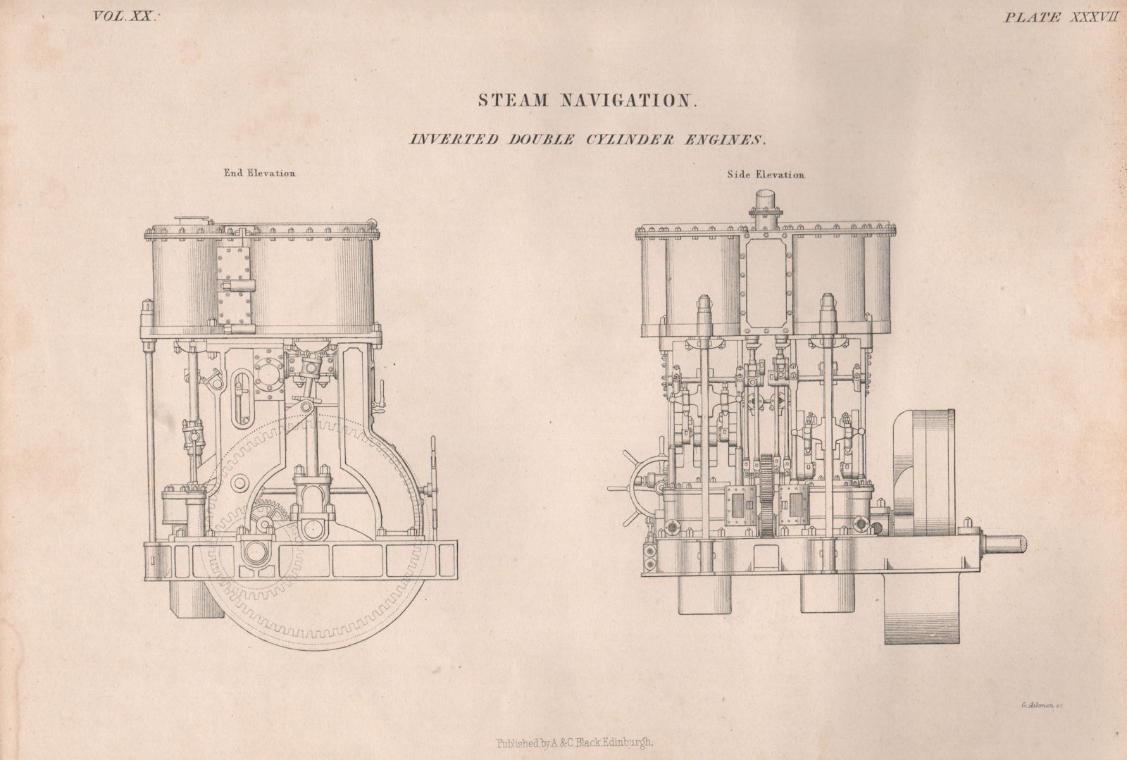 VICTORIAN ENGINEERING DRAWING. Inverted double Cylinder Engines 1860 old print