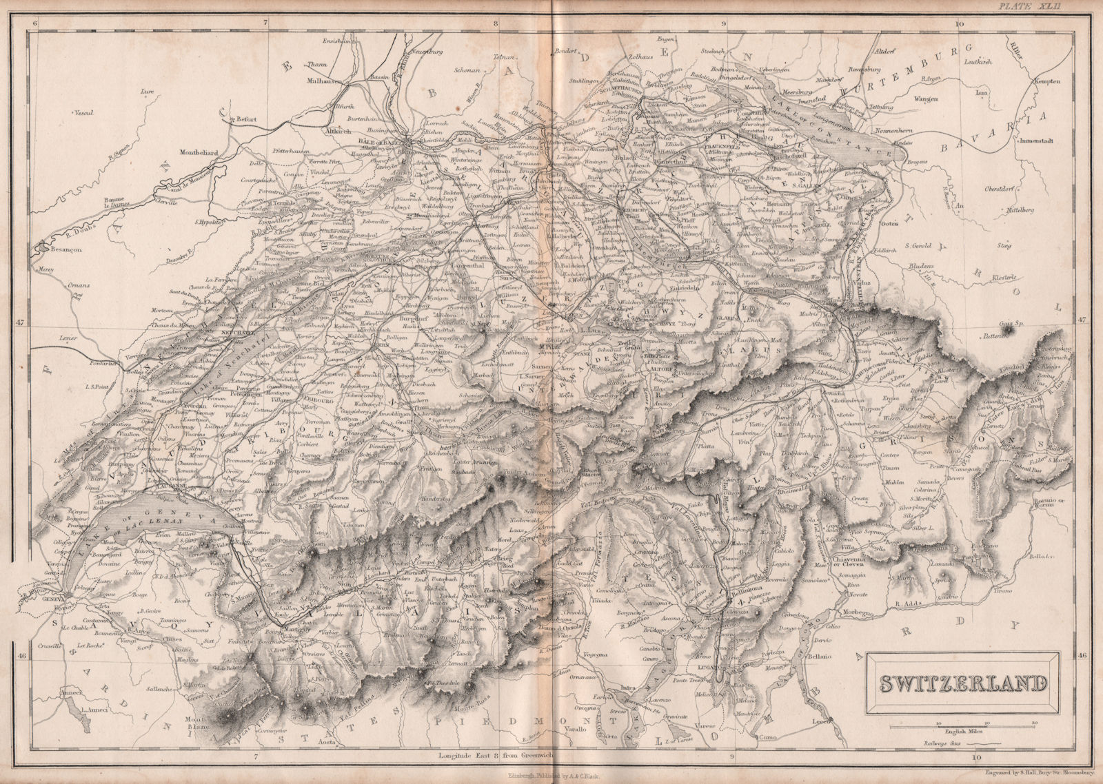 Switzerland. Railways. BRITANNICA 1860 old antique vintage map plan chart