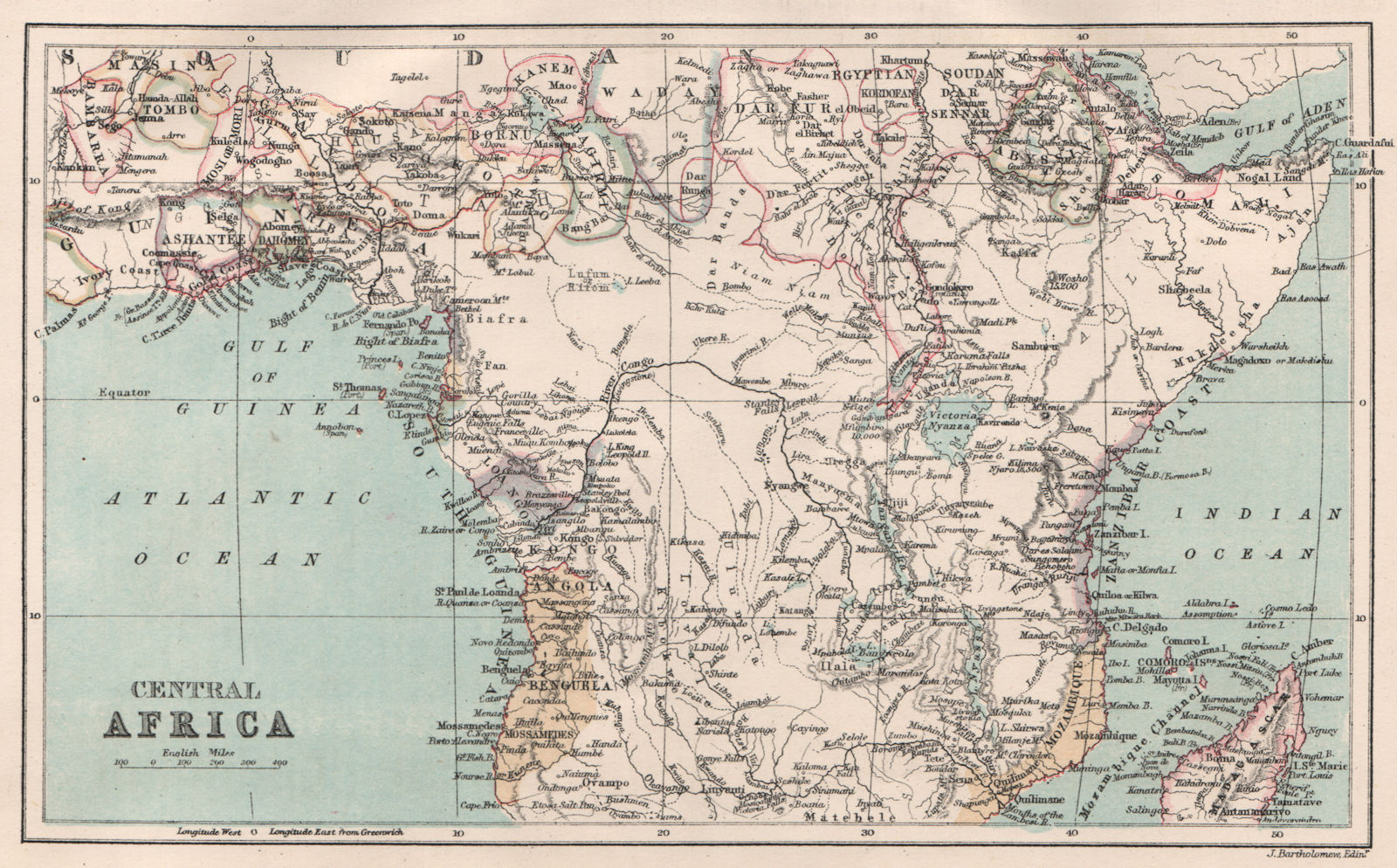 Associate Product Central Africa. Congo Zambia Tanzania Kenya Mozambique. BARTHOLOMEW 1886 map