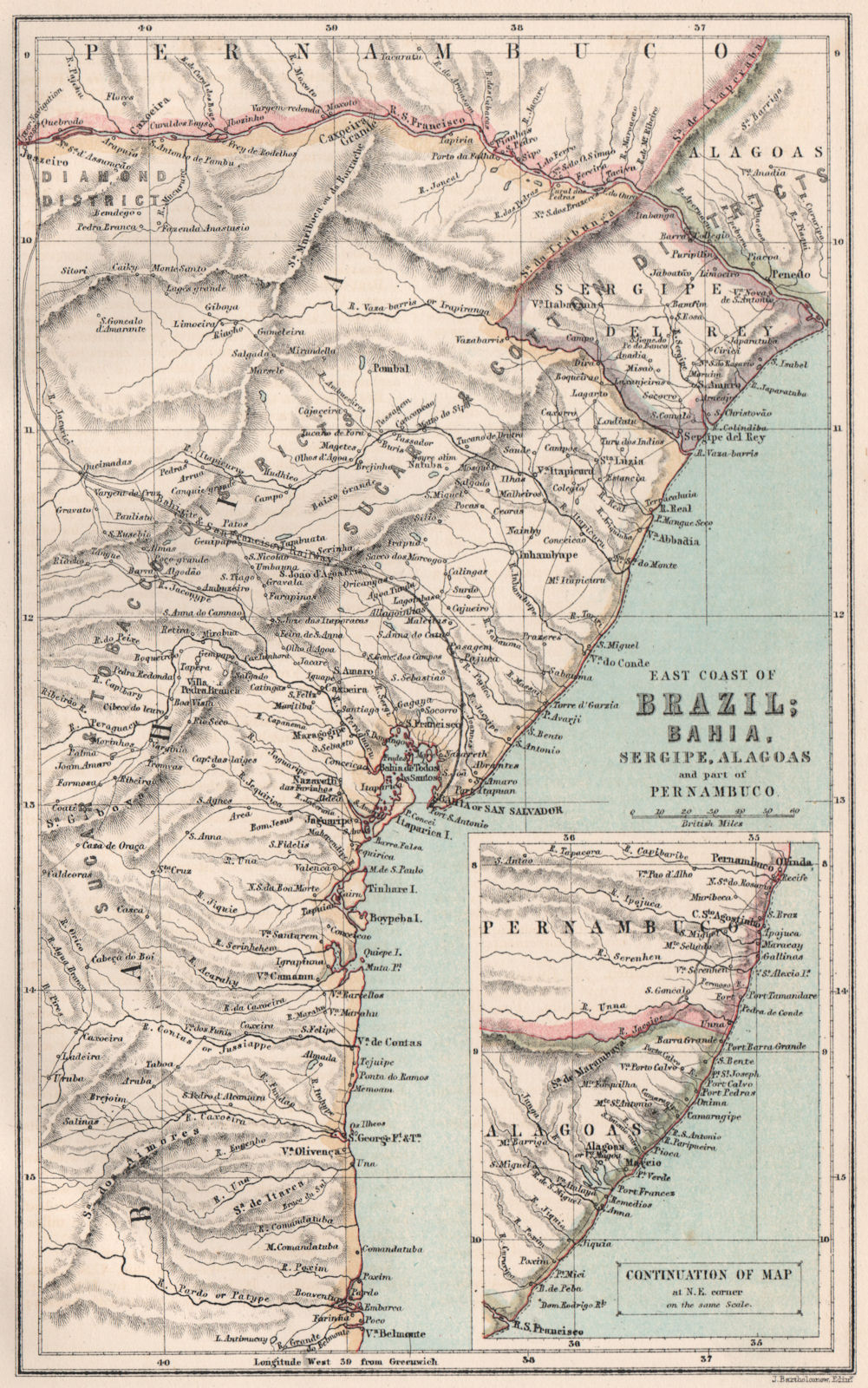 Associate Product BRAZIL COAST. Salvador de Bahia Sergipe Alagoas Pernambuco. BARTHOLOMEW 1886 map